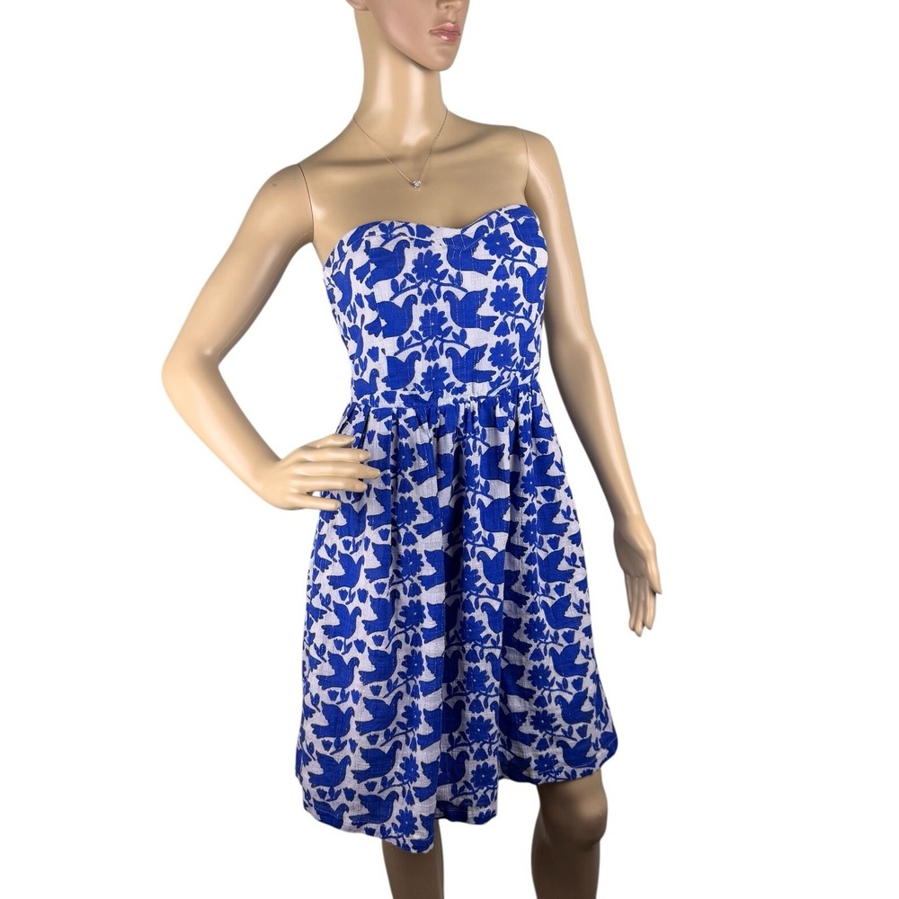 Old Navy Blue White Floral Bird Print Sleeveless Fit Flare Cotton Dress 6 Zips